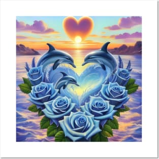 Dolphin Hearts Of Love With Blue Roses At Sunset 5 Posters and Art